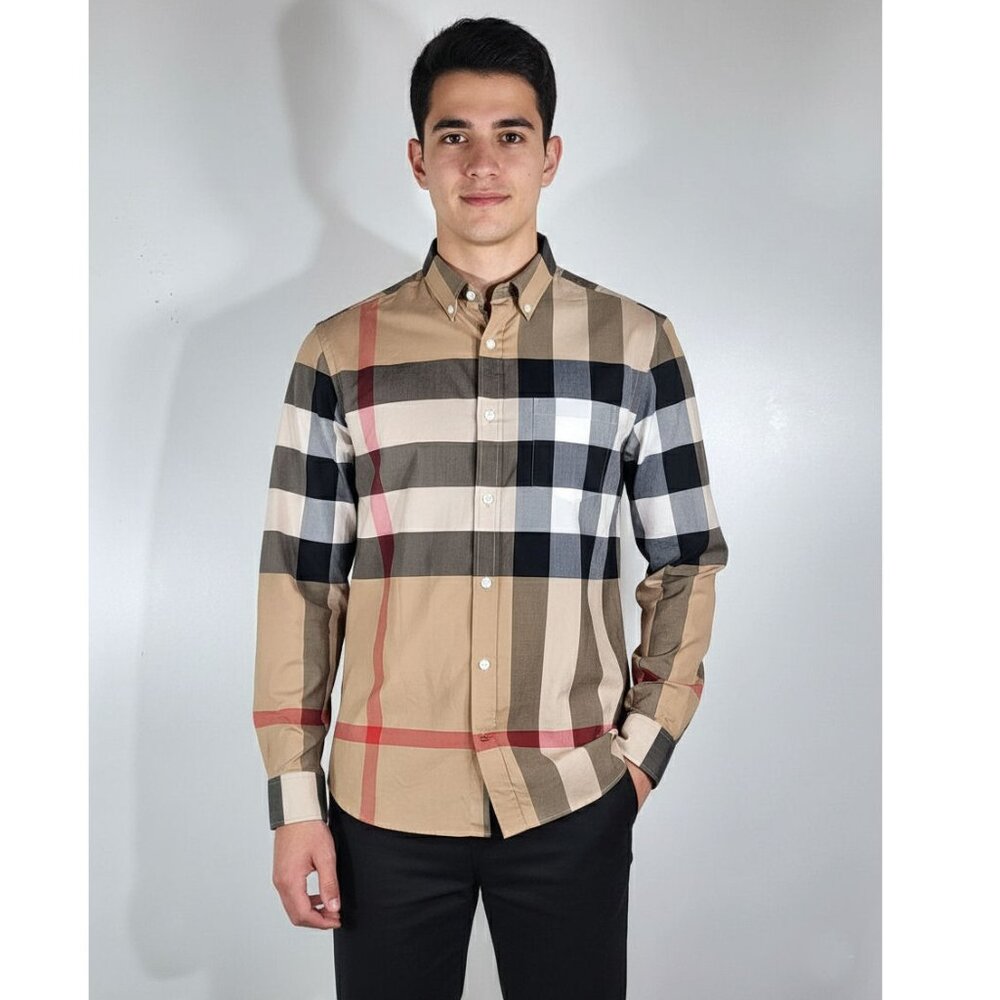 Burberry Windsor Check-Pattern Classic Fit Shirt, Beige, Mens Size Small